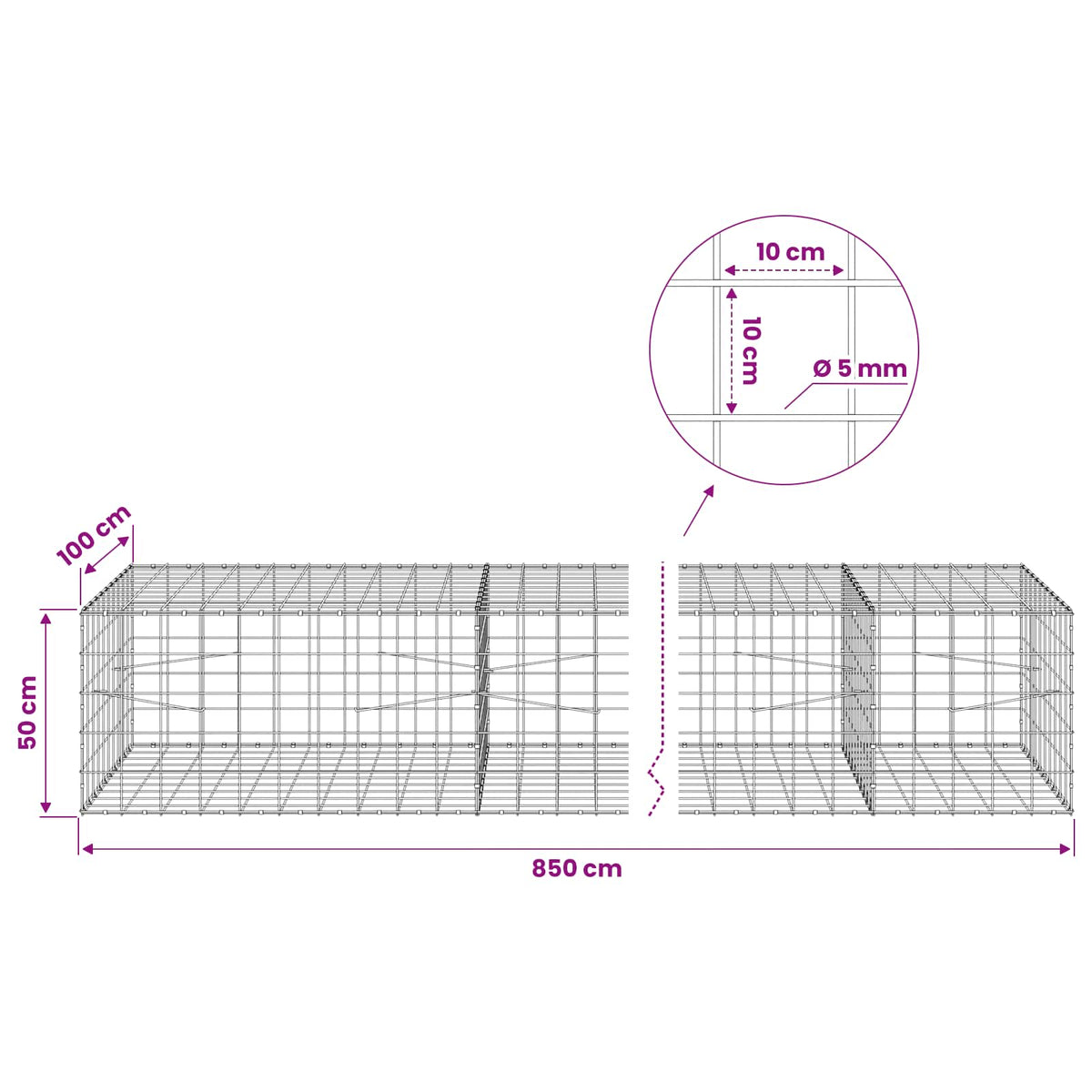 vidaXL Gabion z drutem 5 mm i siatką 10x10 cm 850x100x50 cm