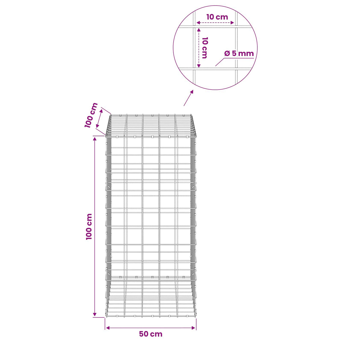 vidaXL Gabion z drutem 5 mm i siatką 10x10 cm 50x100x100 cm
