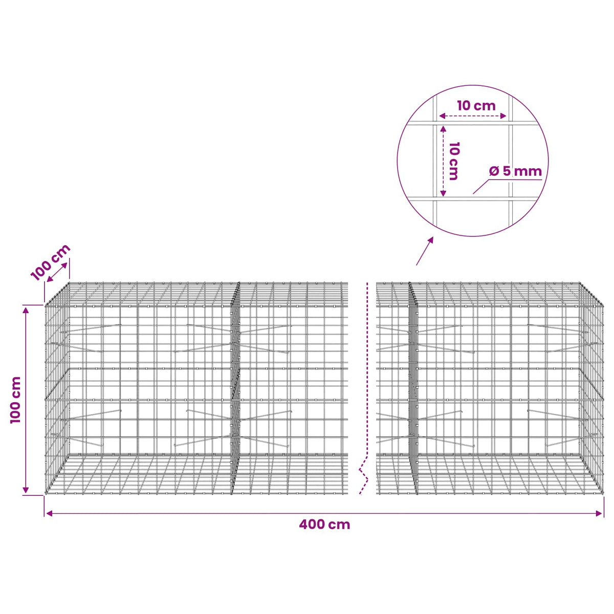 vidaXL Gabion z drutem 5 mm i siatką 10x10 cm 400x100x100 cm
