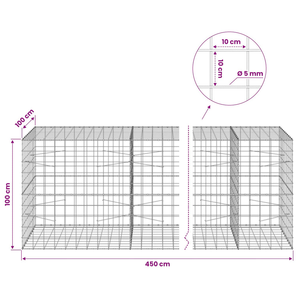 vidaXL Gabion z drutem 5 mm i siatką 10x10 cm 450x100x100 cm