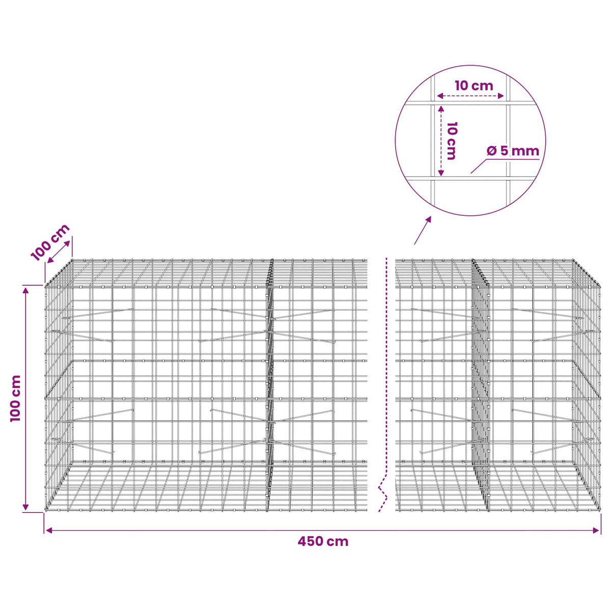 vidaXL Gabion z drutem 5 mm i siatką 10x10 cm 450x100x100 cm