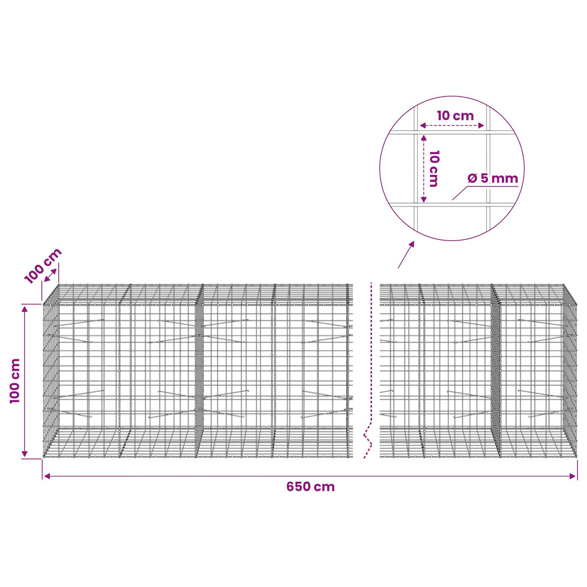 vidaXL Gabion z drutem 5 mm i siatką 10x10 cm 650x100x100 cm