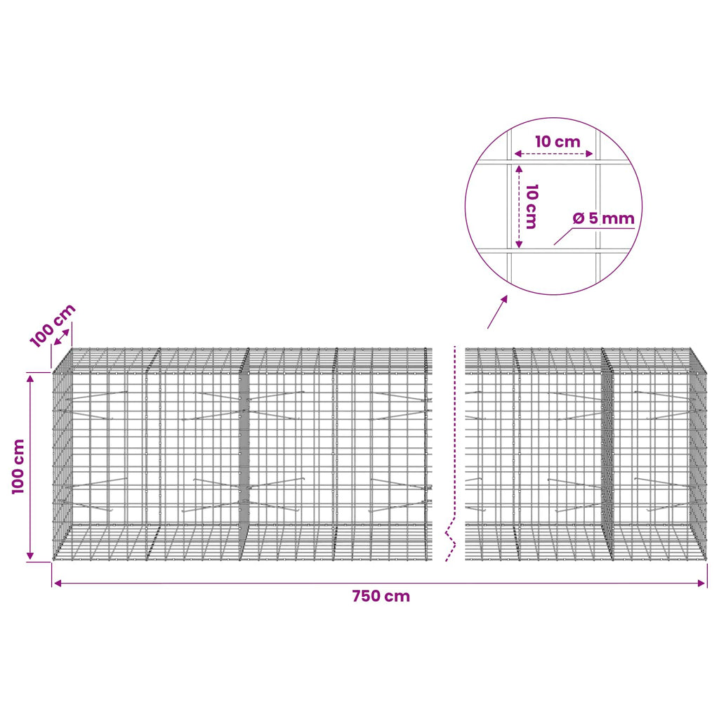 vidaXL Gabion z drutem 5 mm i siatką 10x10 cm 750x100x100 cm
