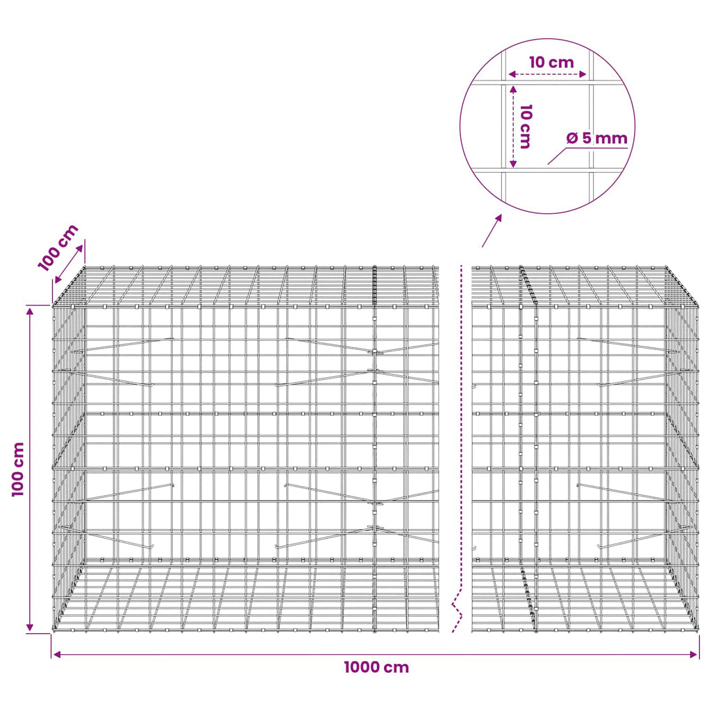vidaXL Gabion z drutem 5 mm i siatką 10x10 cm 1000x100x100 cm