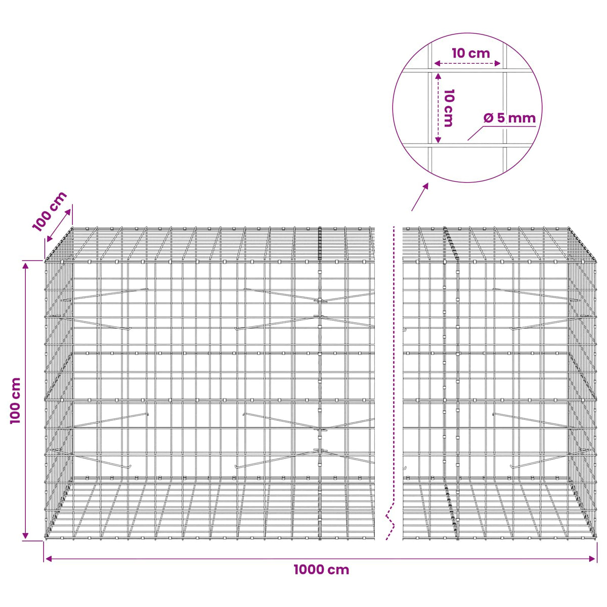vidaXL Gabion z drutem 5 mm i siatką 10x10 cm 1000x100x100 cm