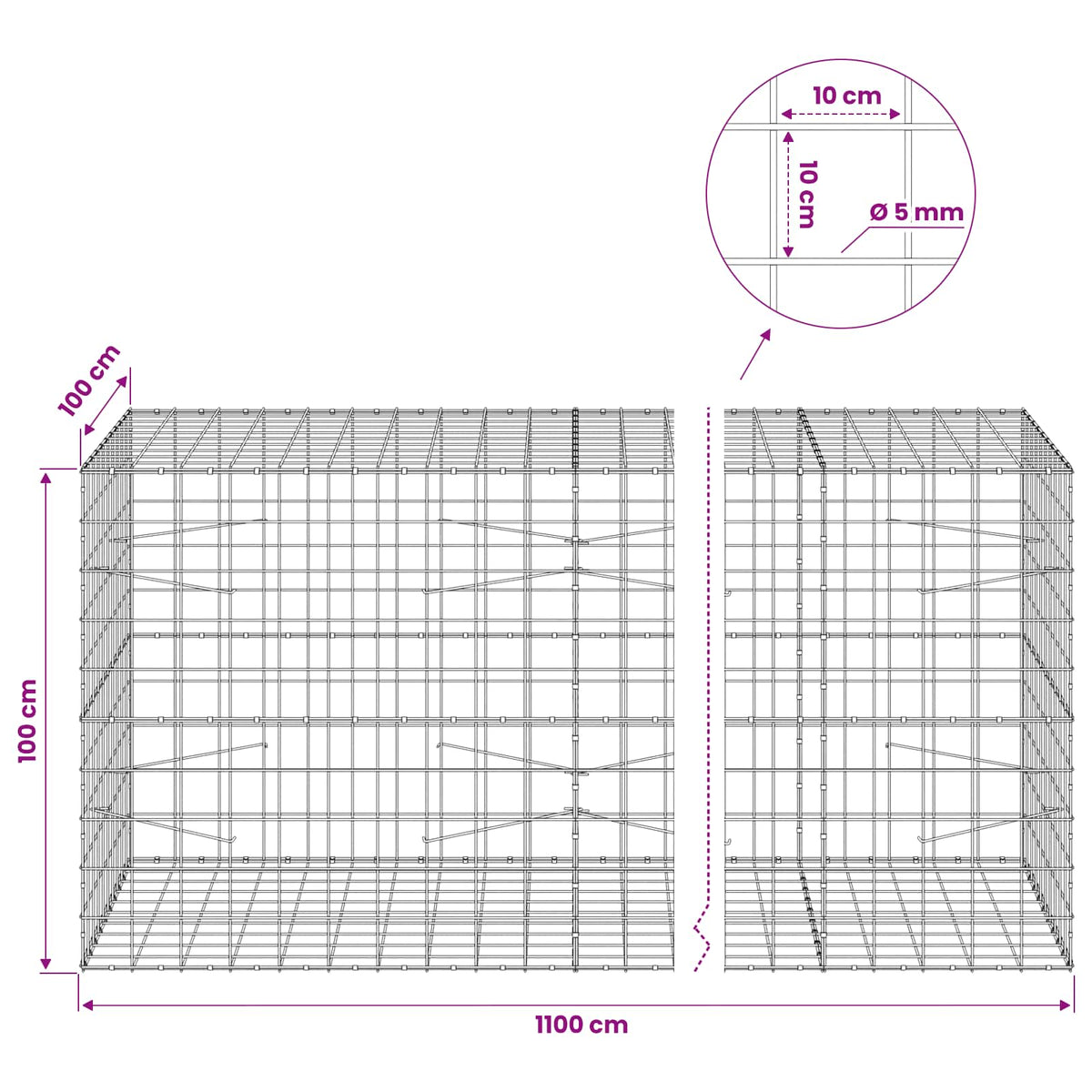 vidaXL Gabion z drutem 5 mm i siatką 10x10 cm 1100x100x100 cm