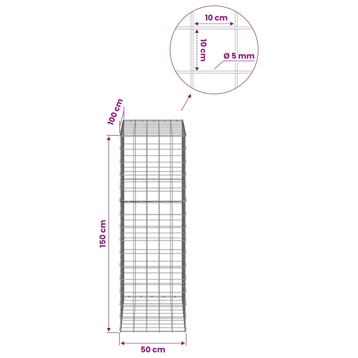 vidaXL Gabion z drutem 5 mm i siatką 10x10 cm 50x100x150 cm
