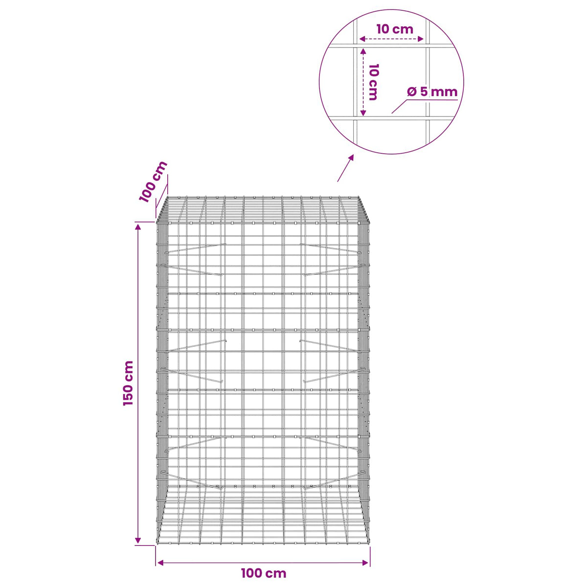 vidaXL Gabion z drutem 5 mm i siatką 10x10 cm 100x100x150 cm