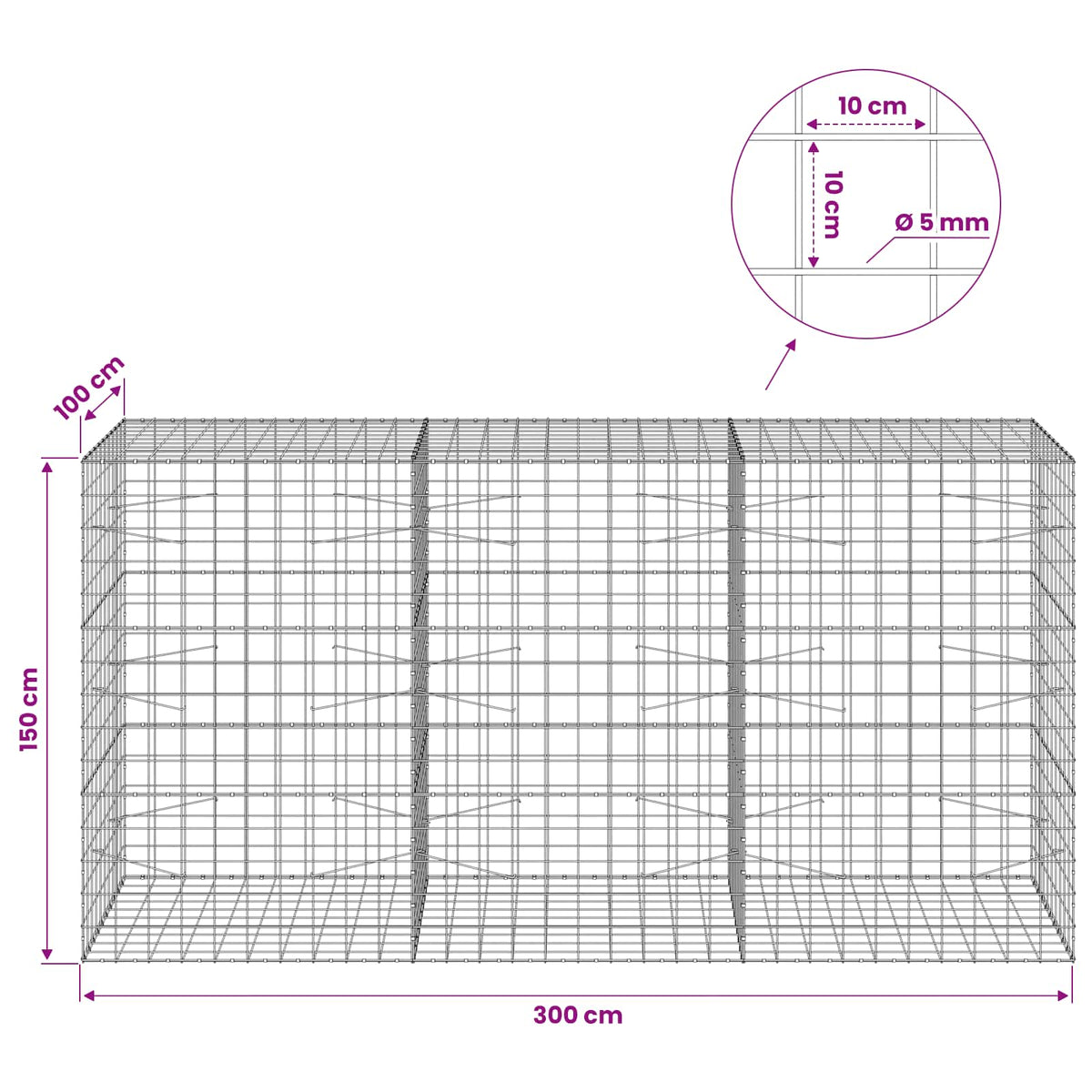 vidaXL Gabion z drutem 5 mm i siatką 10x10 cm 300x100x150 cm