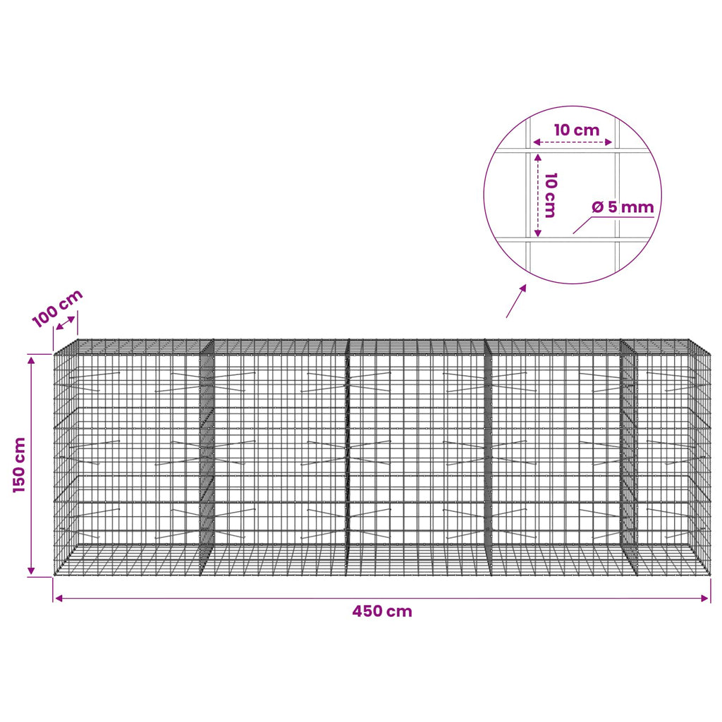 vidaXL Gabion z drutem 5 mm i siatką 10x10 cm 450x100x150 cm