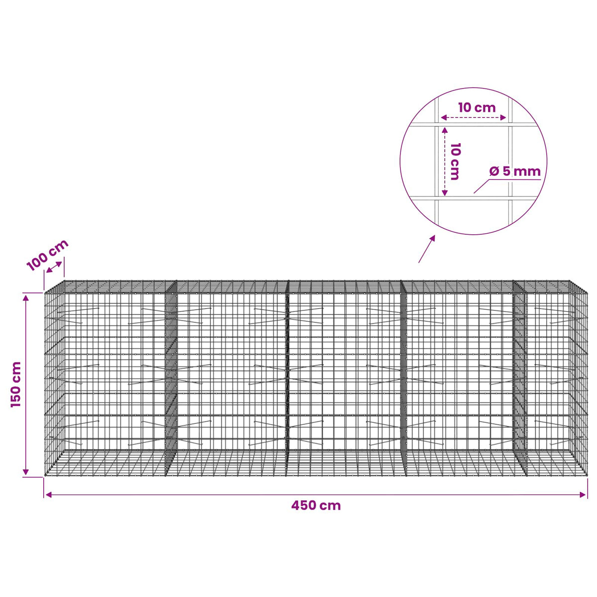 vidaXL Gabion z drutem 5 mm i siatką 10x10 cm 450x100x150 cm
