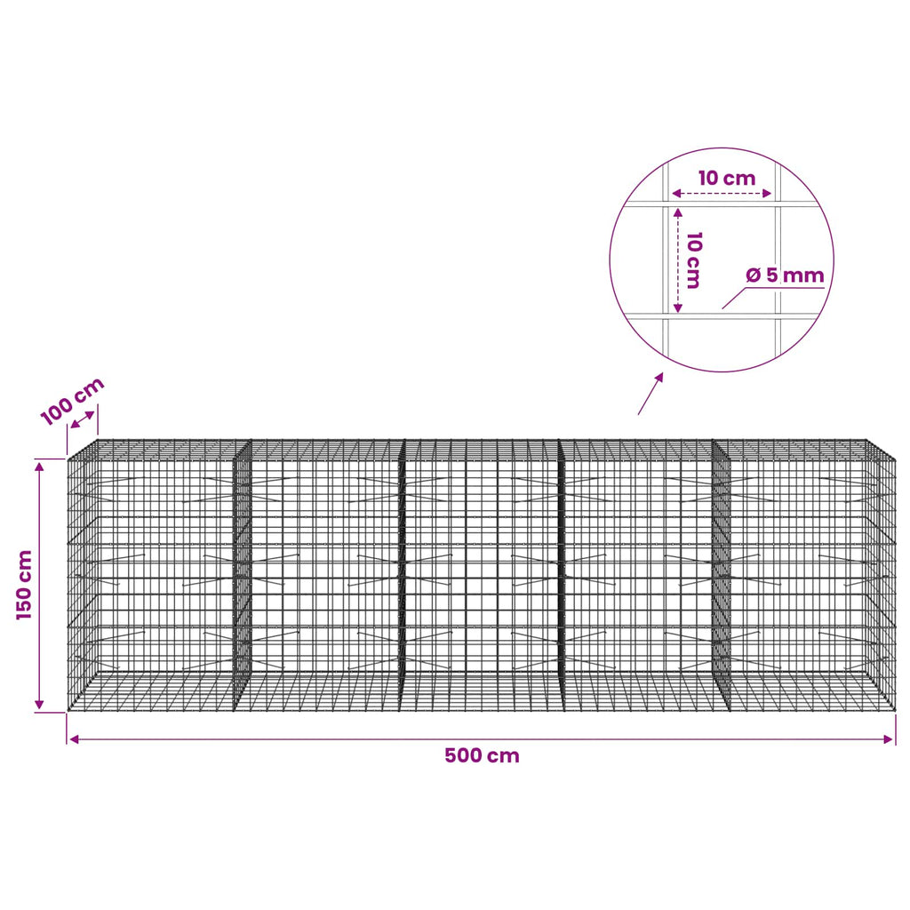 vidaXL Gabion z drutem 5 mm i siatką 10x10 cm 500x100x150 cm