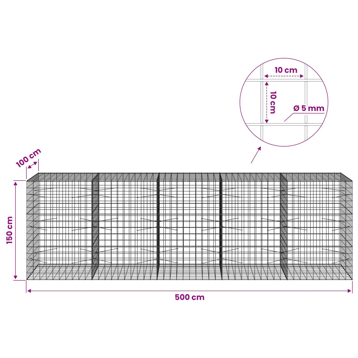 vidaXL Gabion z drutem 5 mm i siatką 10x10 cm 500x100x150 cm