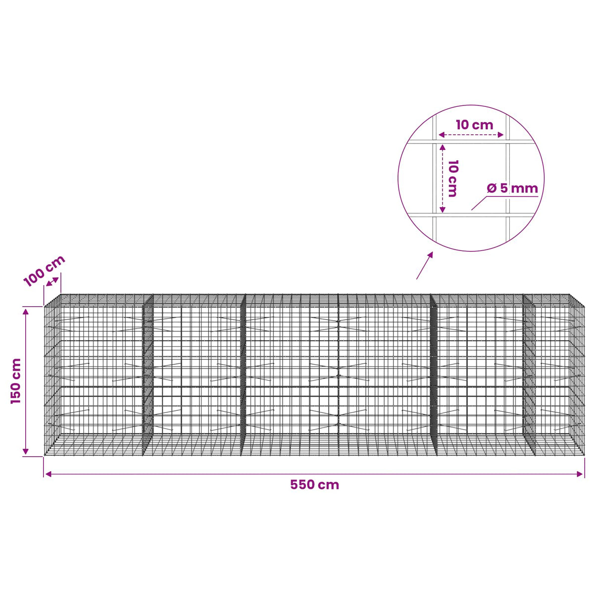 vidaXL Gabion z drutem 5 mm i siatką 10x10 cm 550x100x150 cm