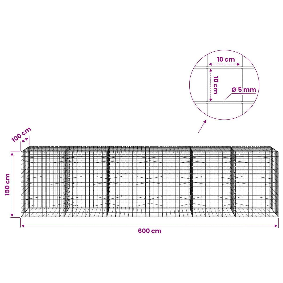 vidaXL Gabion z drutem 5 mm i siatką 10x10 cm 600x100x150 cm