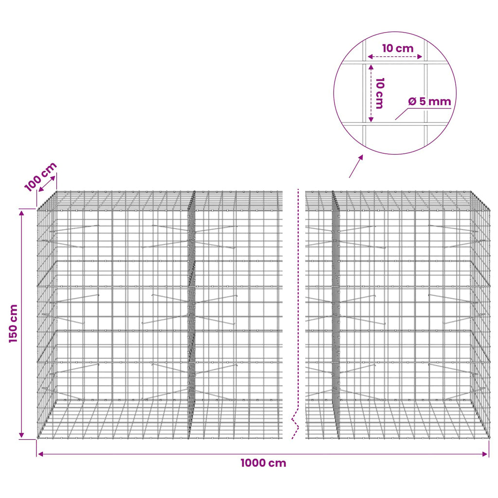 vidaXL Gabion z drutem 5 mm i siatką 10x10 cm 1000x100x150 cm