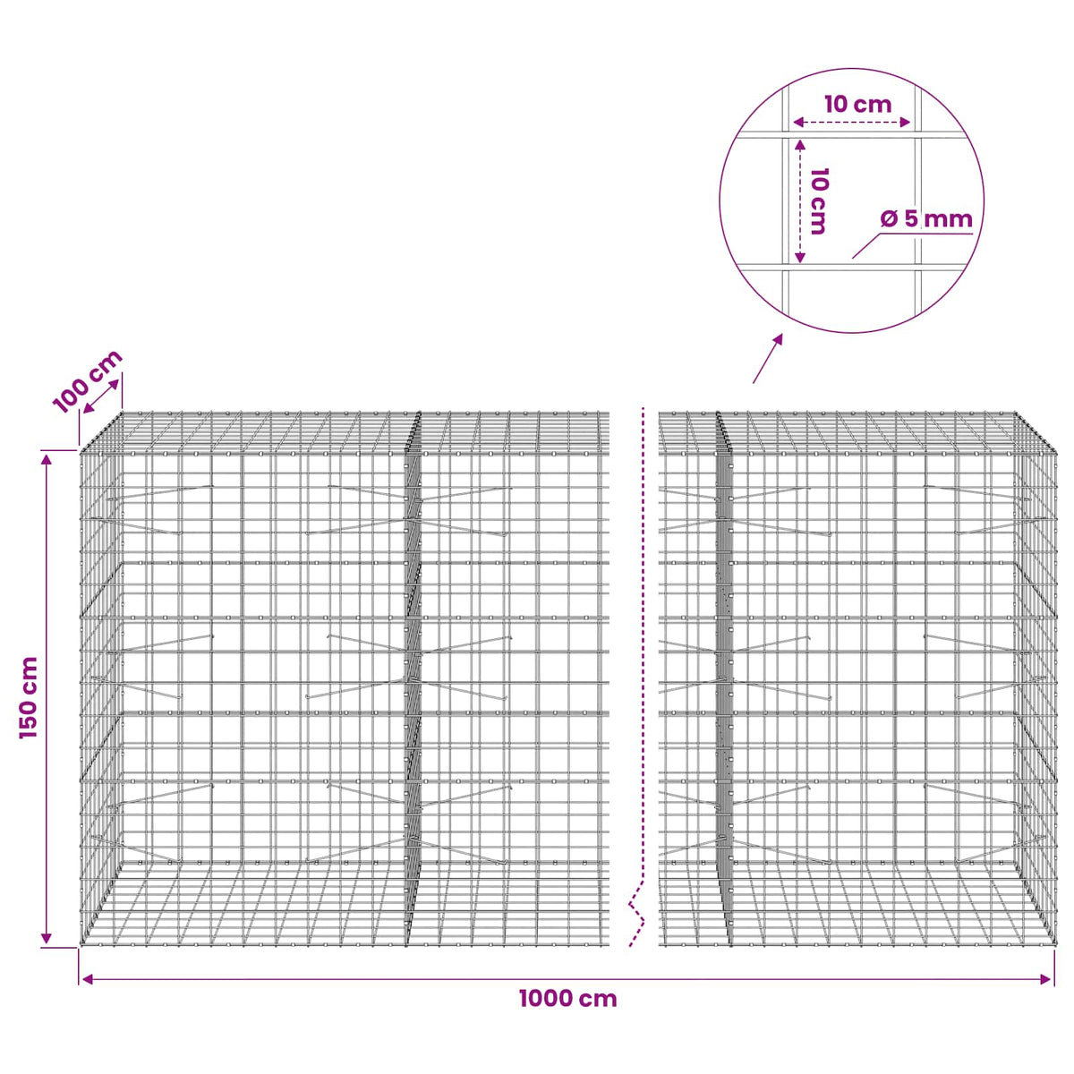 vidaXL Gabion z drutem 5 mm i siatką 10x10 cm 1000x100x150 cm