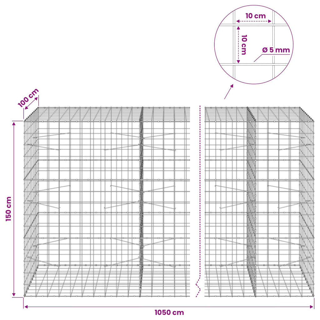 vidaXL Gabion z drutem 5 mm i siatką 10x10 cm 1050x100x150 cm