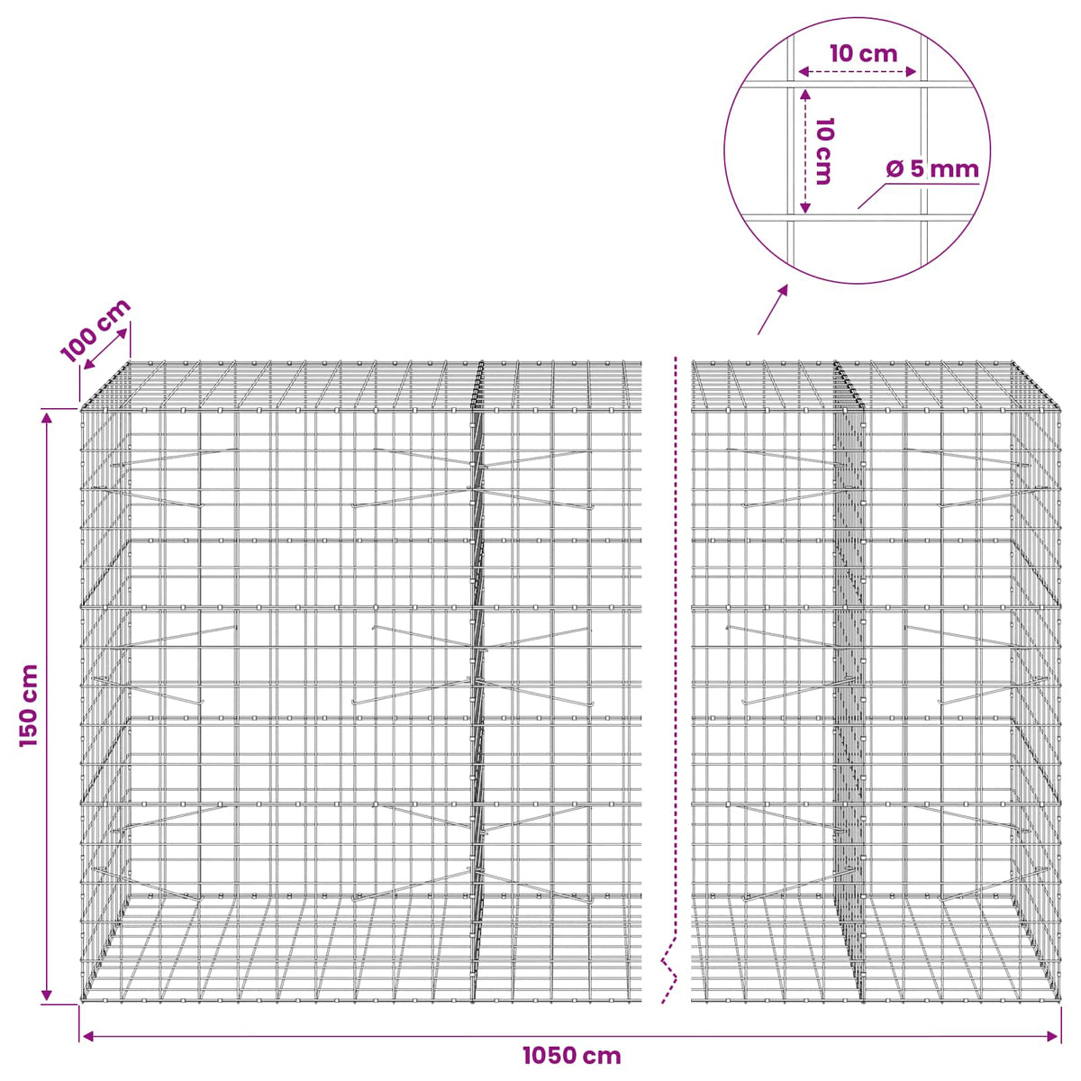 vidaXL Gabion z drutem 5 mm i siatką 10x10 cm 1050x100x150 cm