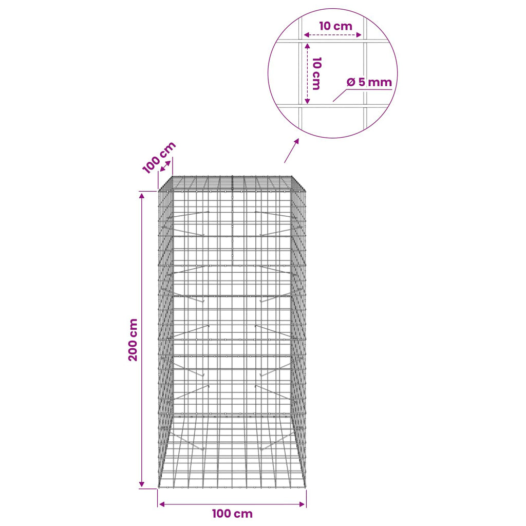 vidaXL Gabion z drutem 5 mm i siatką 10x10 cm 100x100x200 cm