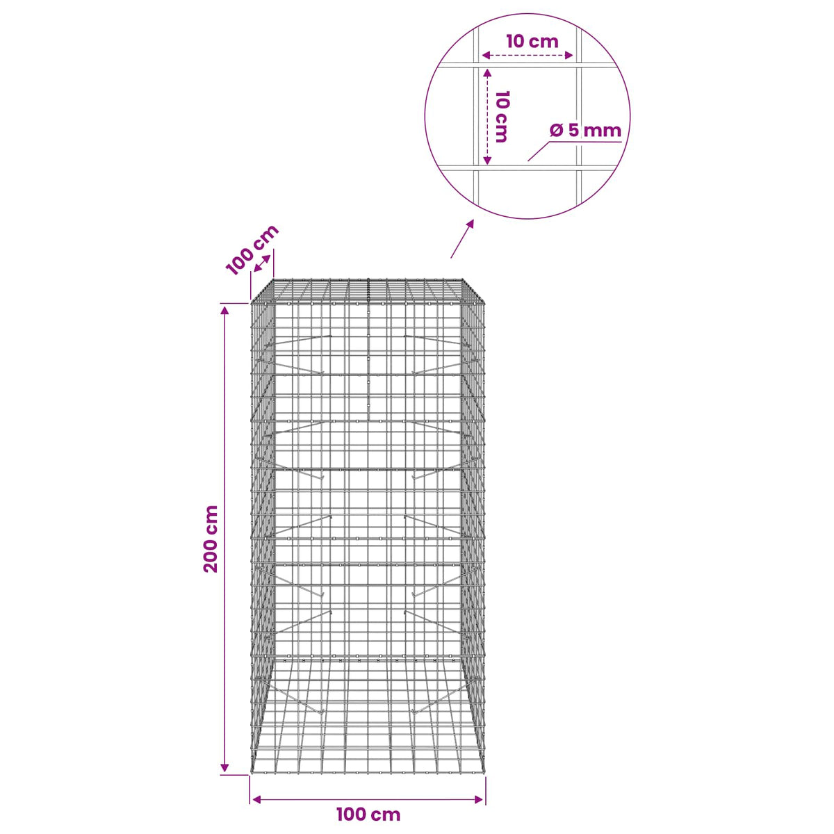 vidaXL Gabion z drutem 5 mm i siatką 10x10 cm 100x100x200 cm
