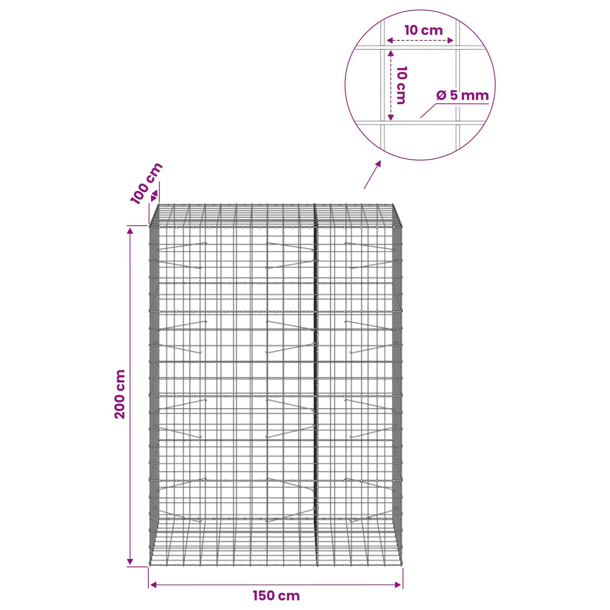 vidaXL Gabion z drutem 5 mm i siatką 10x10 cm 150x100x200 cm