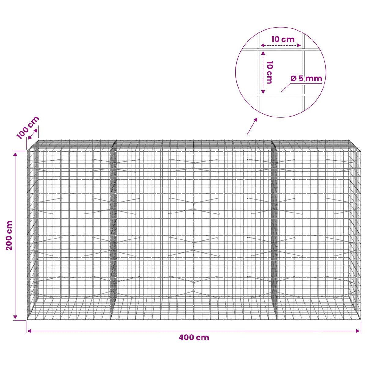 vidaXL Gabion z drutem 5 mm i siatką 10x10 cm 400x100x200 cm