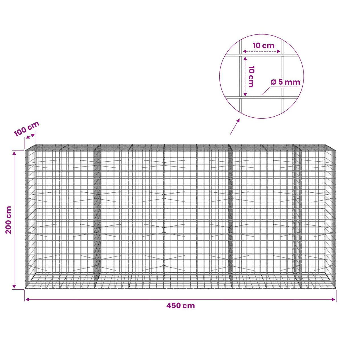 vidaXL Gabion z drutem 5 mm i siatką 10x10 cm 450x100x200 cm