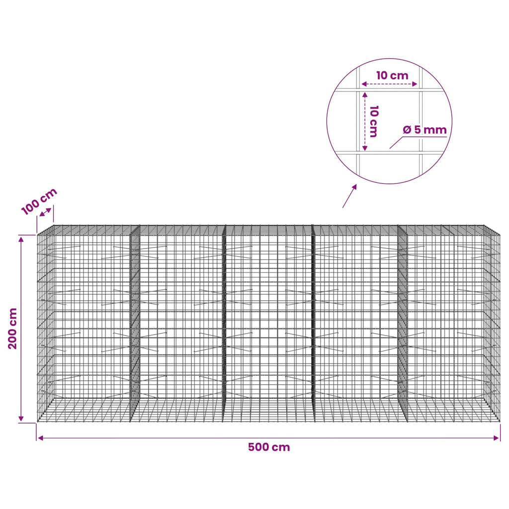 vidaXL Gabion z drutu 5 mm i siatką 10x10 cm 500x100x200 cm