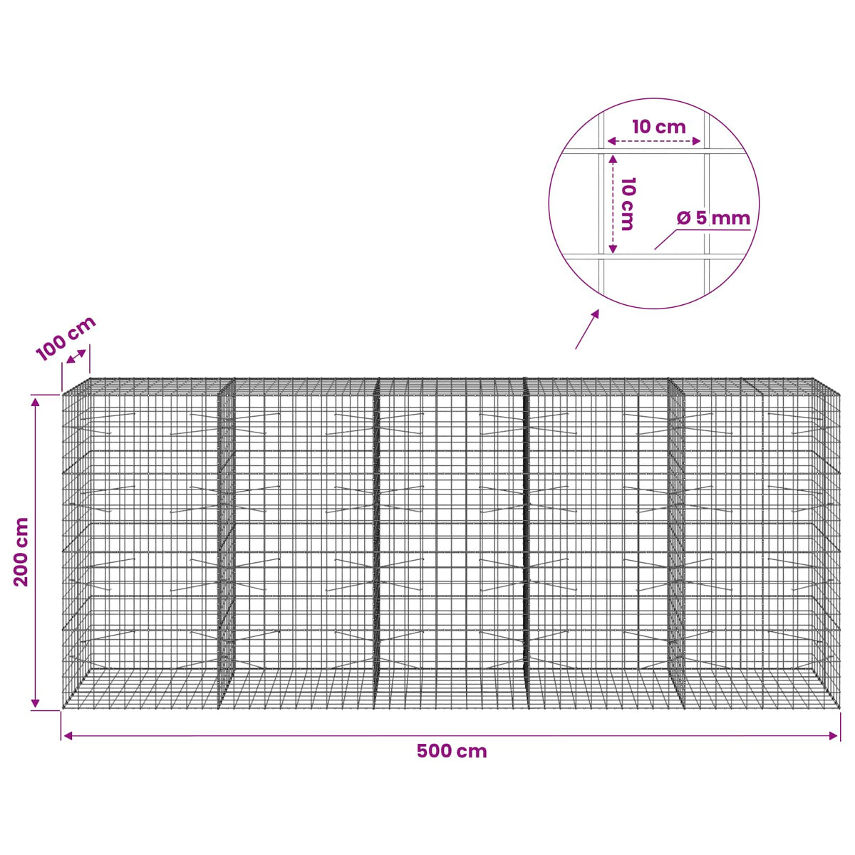 vidaXL Gabion z drutu 5 mm i siatką 10x10 cm 500x100x200 cm