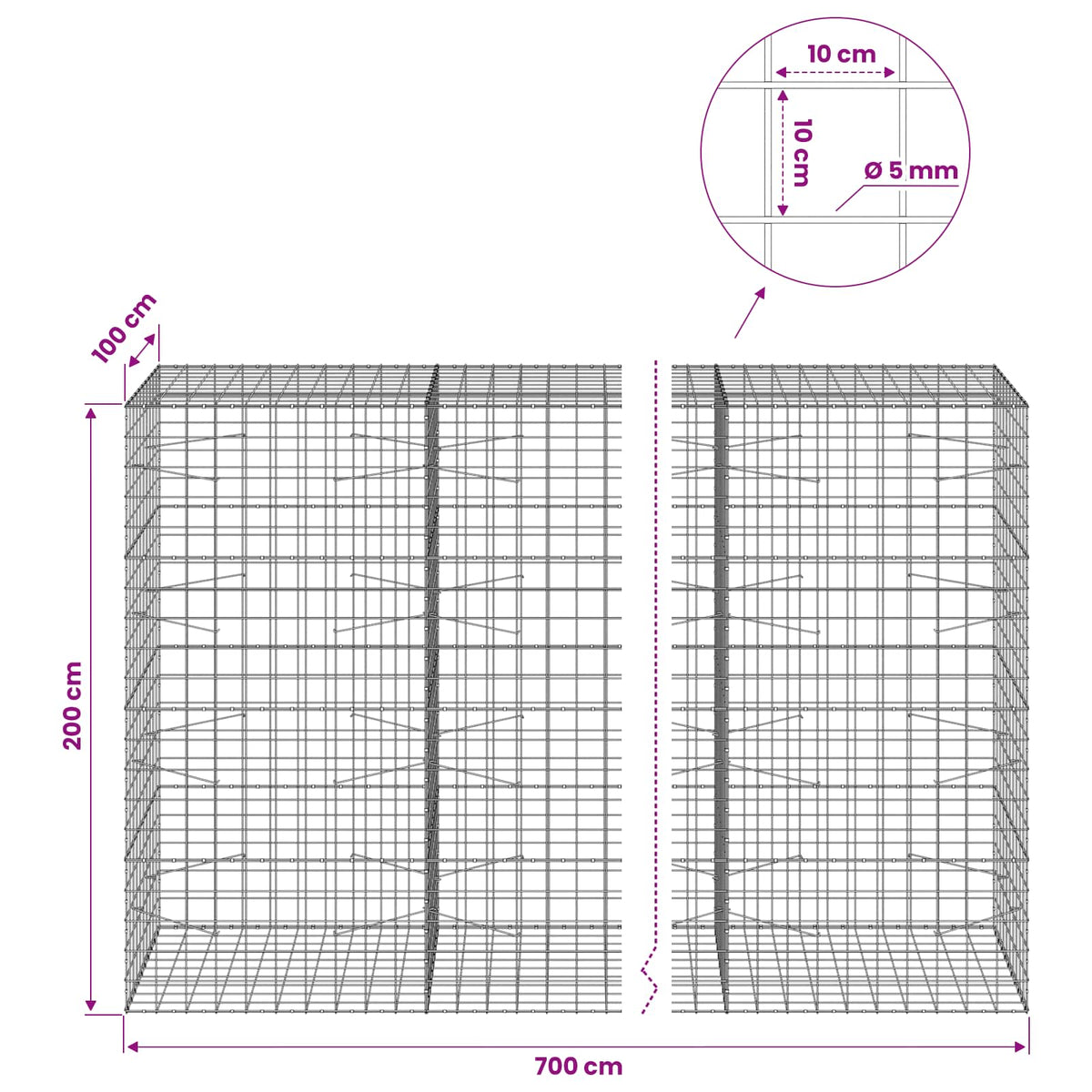 vidaXL Gabion z drutem 5 mm i siatką 10x10 cm 700x100x200 cm