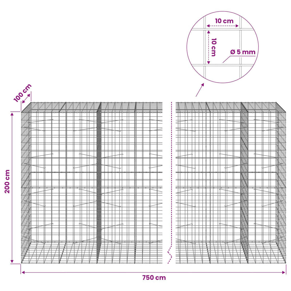 vidaXL Gabion z drutem 5 mm i siatką 10x10 cm 750x100x200 cm