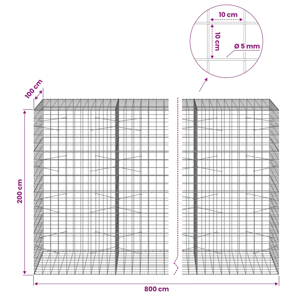 vidaXL Gabion z drutem 5 mm i siatką 10x10 cm 800x100x200 cm