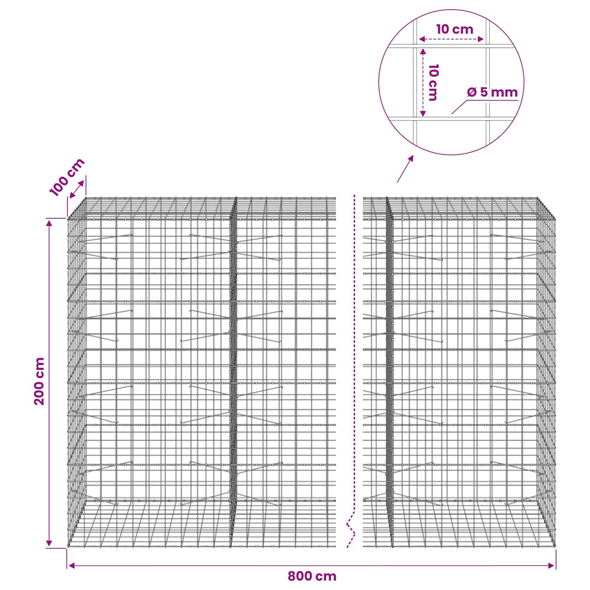 vidaXL Gabion z drutem 5 mm i siatką 10x10 cm 800x100x200 cm