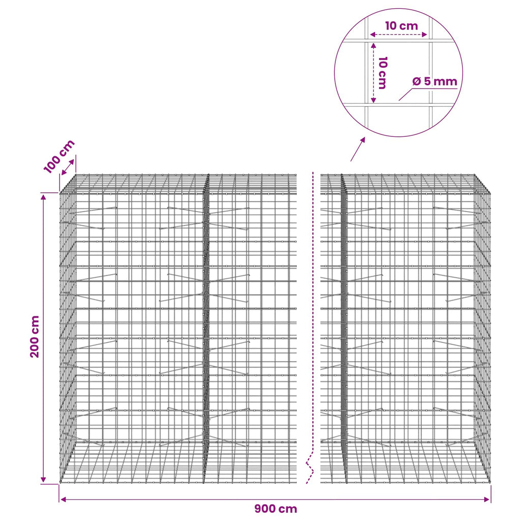 vidaXL Gabion z drutem 5 mm i siatką 10x10 cm 900x100x200 cm
