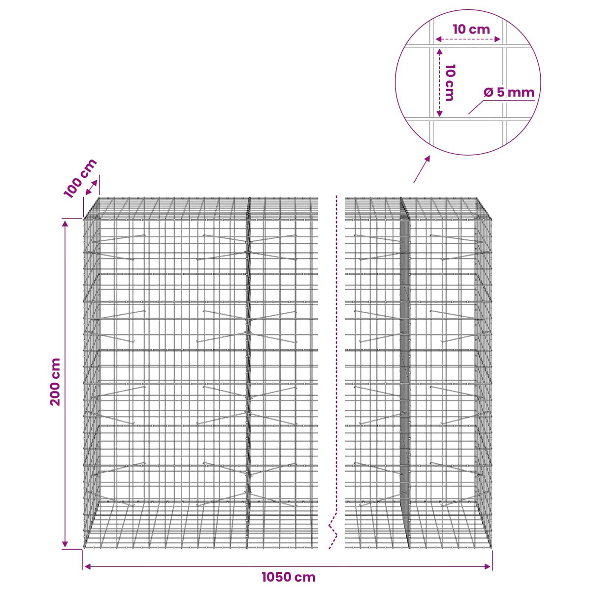 vidaXL Gabion z drutem 5 mm i siatką 10x10 cm 1050x100x200 cm