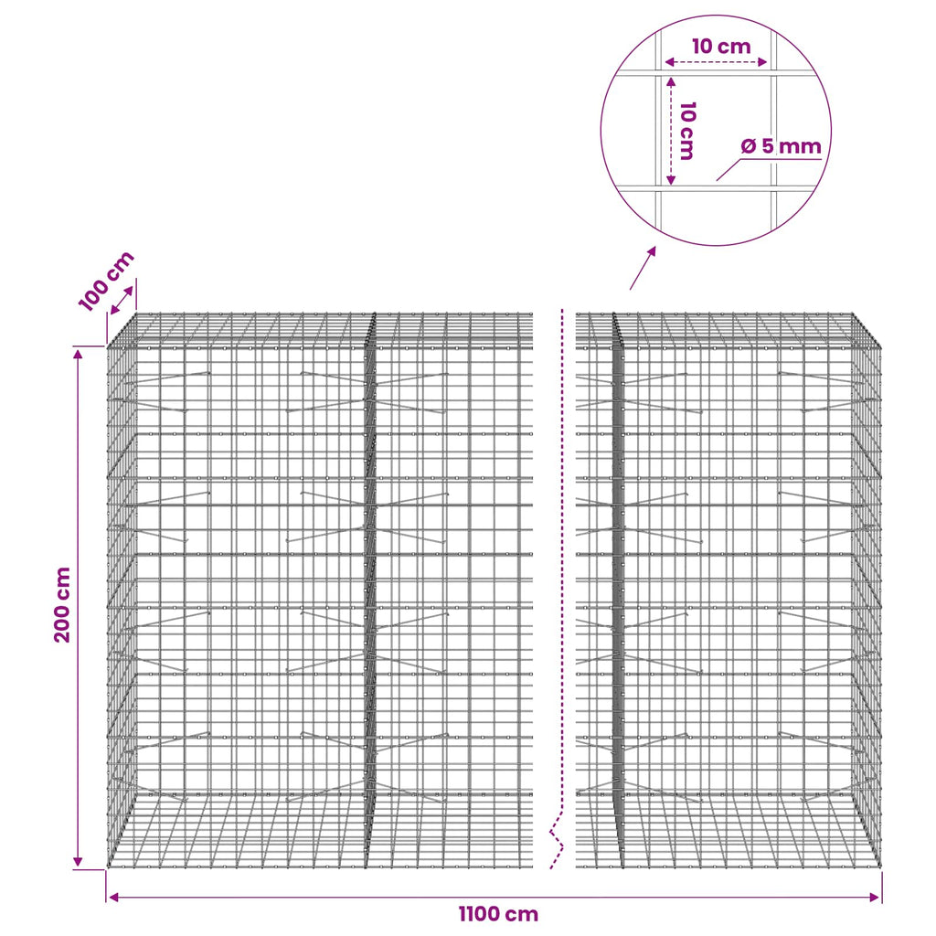 vidaXL Gabion z drutem 5 mm i siatką 10x10 cm 1100x100x200 cm