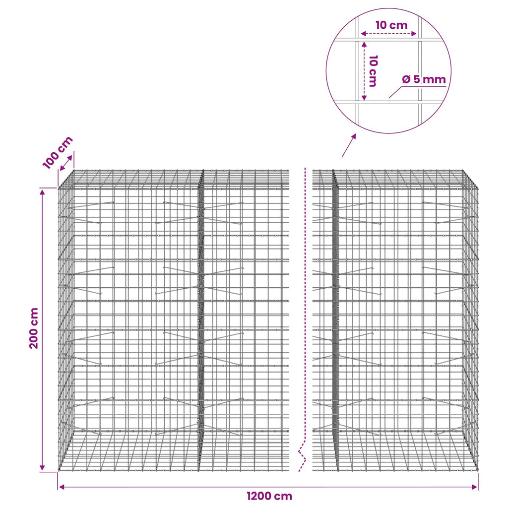 vidaXL Gabion z drutem 5 mm i siatką 10x10 cm 1200x100x200 cm