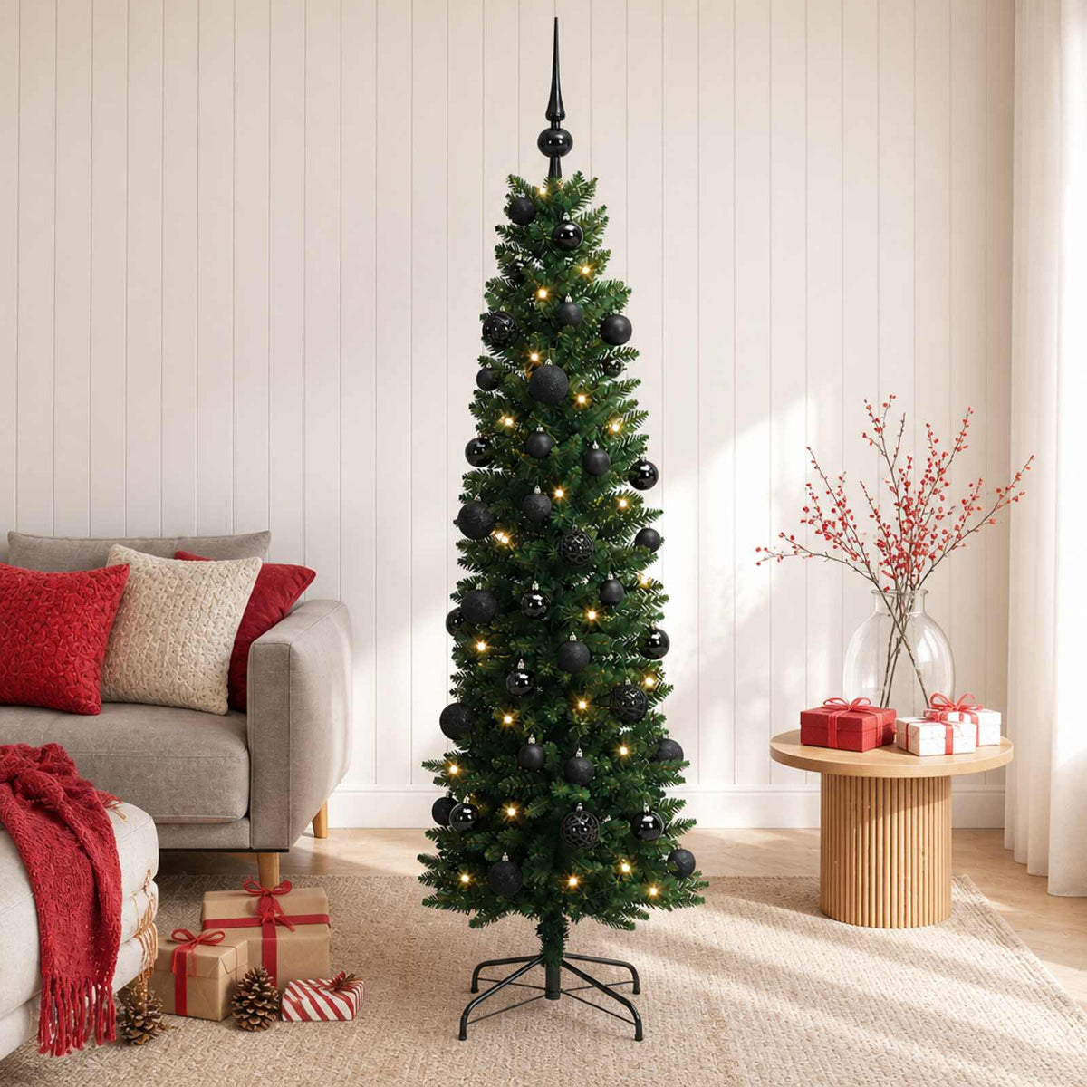 vidaXL Sztuczna wąska choinka z bombkami 120 cm 150 LED Ciepła biel