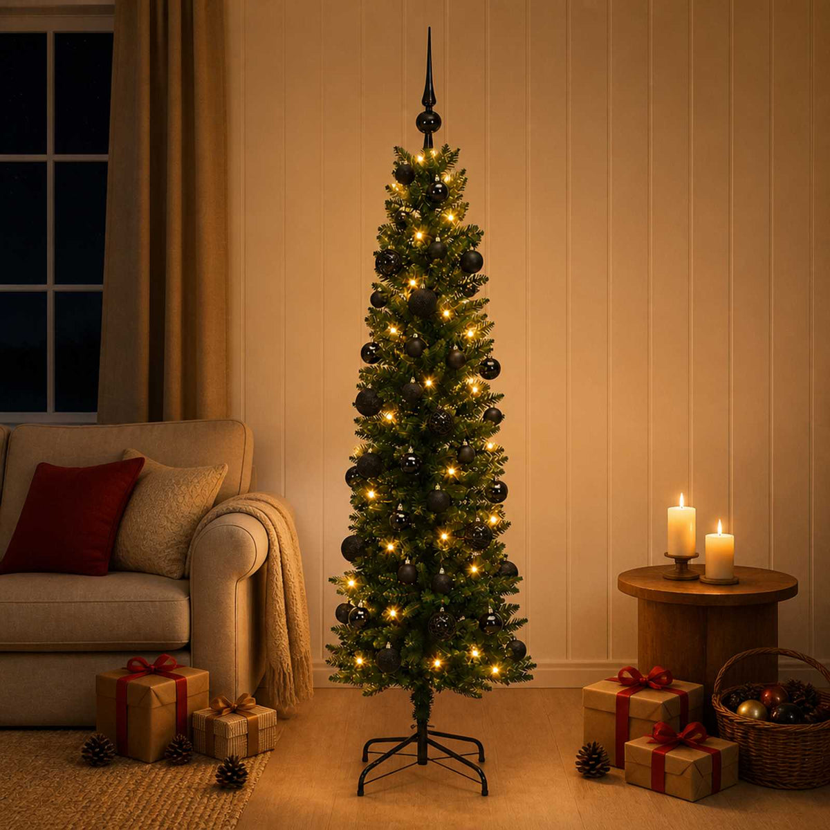 vidaXL Sztuczna wąska choinka z bombkami 120 cm 150 LED Ciepła biel