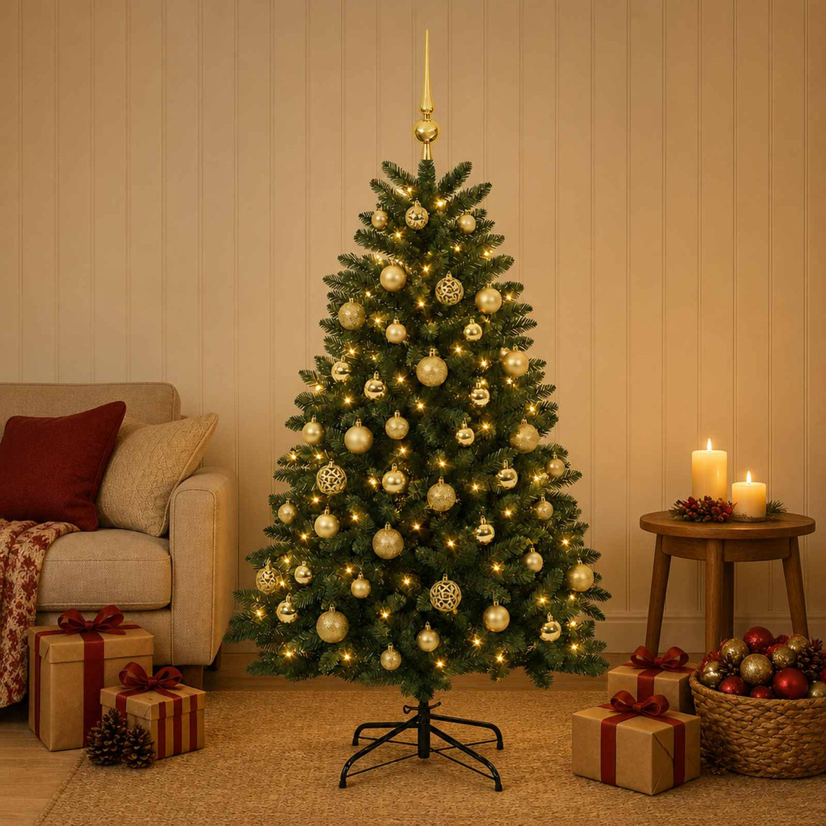 vidaXL Sztuczna choinka, średniozielona, z bombkami 150 cm 150 LED