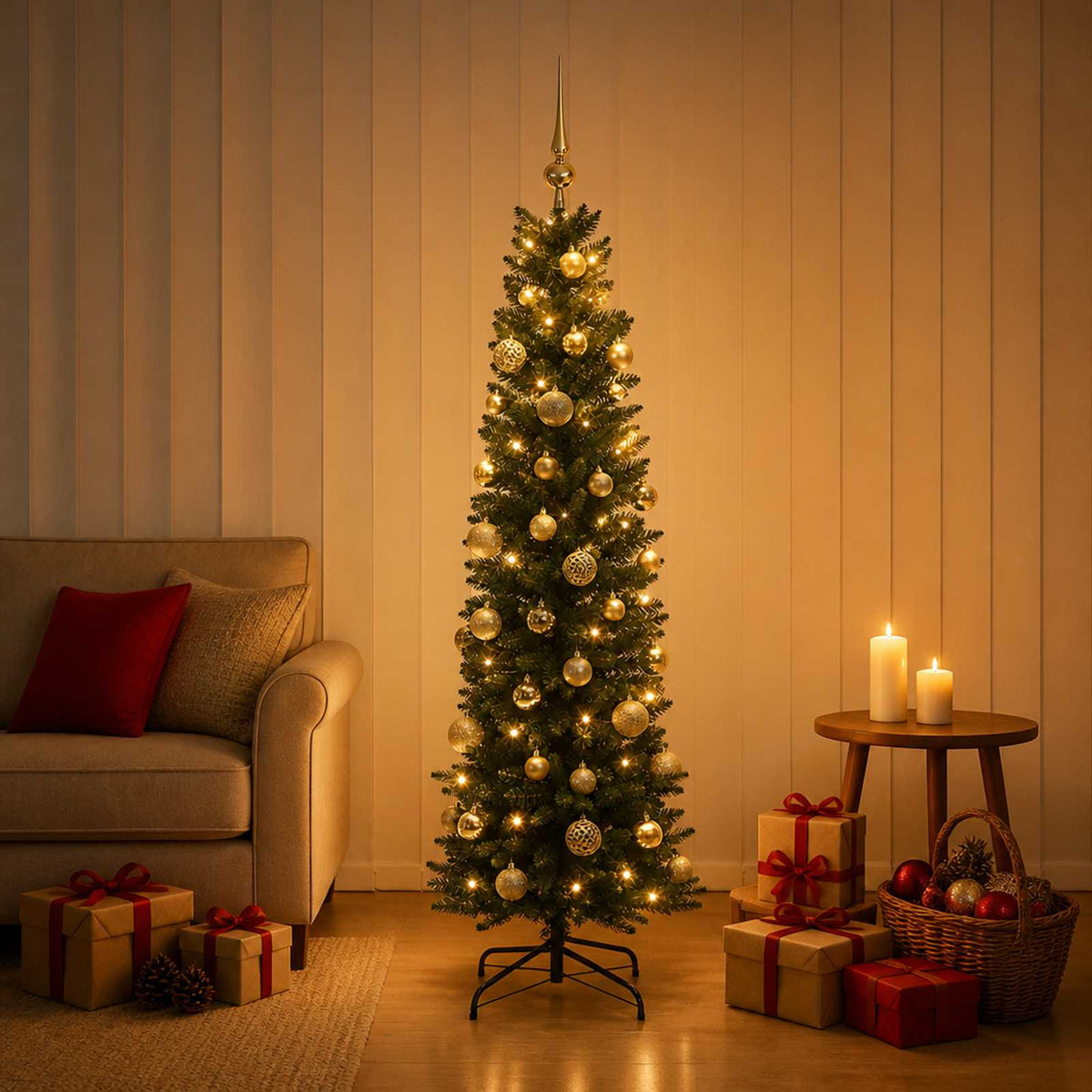 vidaXL Sztuczna wąska choinka z bombkami 150 cm 150 LED Ciepła biel