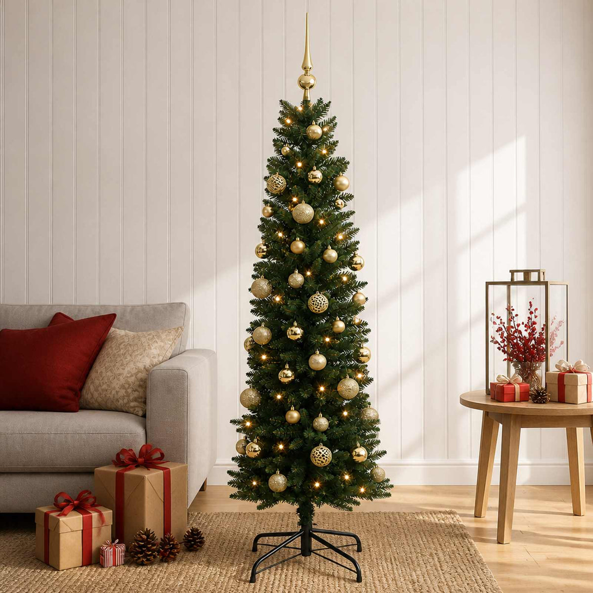 vidaXL Sztuczna wąska choinka z bombkami 150 cm 150 LED Ciepła biel