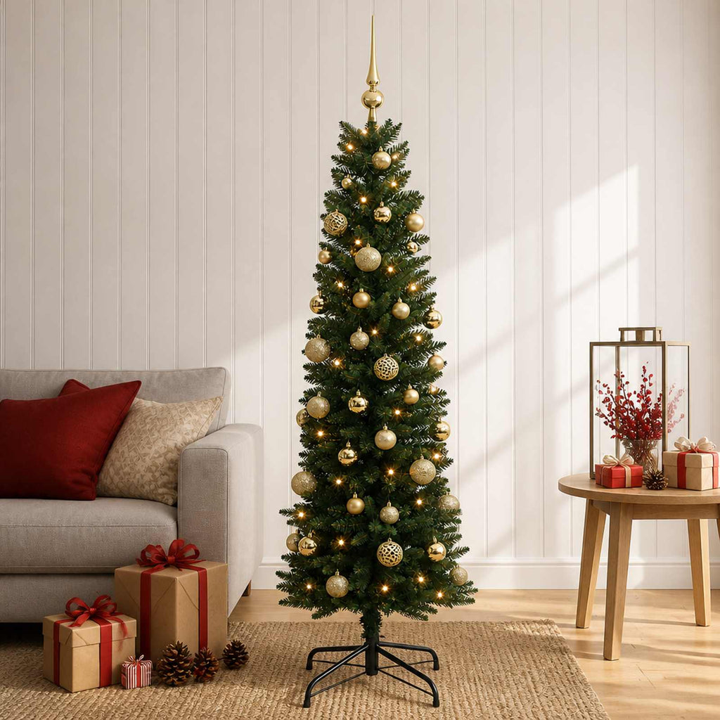 vidaXL Sztuczna wąska choinka z bombkami 120 cm 150 LED Ciepła biel
