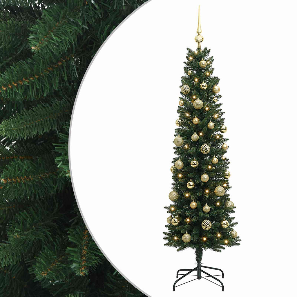 vidaXL Sztuczna wąska choinka z bombkami 150 cm 150 LED Ciepła biel