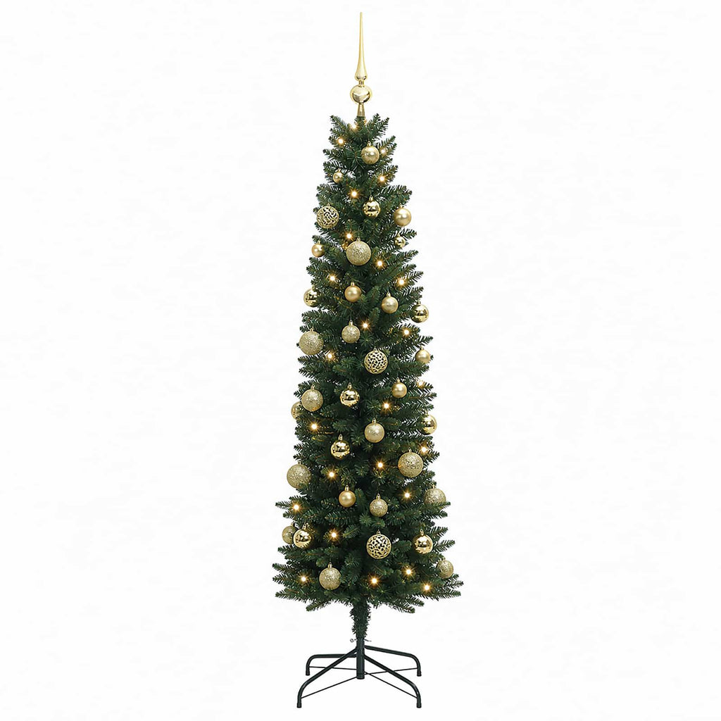 vidaXL Sztuczna wąska choinka z bombkami 150 cm 150 LED Ciepła biel