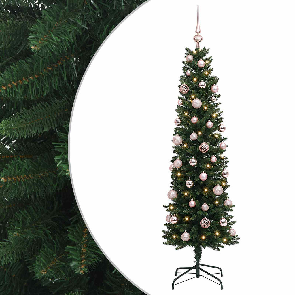 vidaXL Sztuczna wąska choinka z bombkami 120 cm 150 LED Ciepła biel