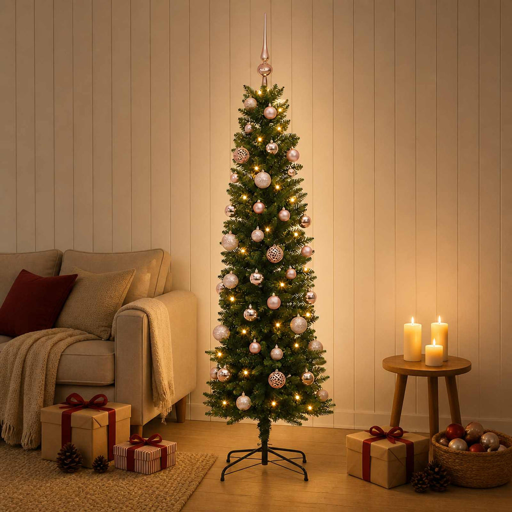 vidaXL Sztuczna wąska choinka z bombkami 150 cm 150 LED Ciepła biel