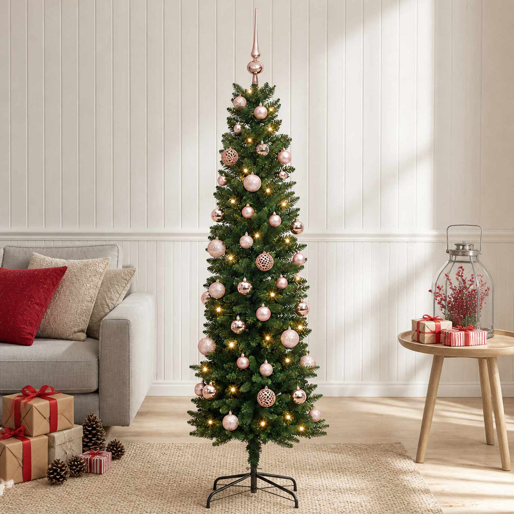 vidaXL Sztuczna wąska choinka z bombkami 150 cm 150 LED Ciepła biel