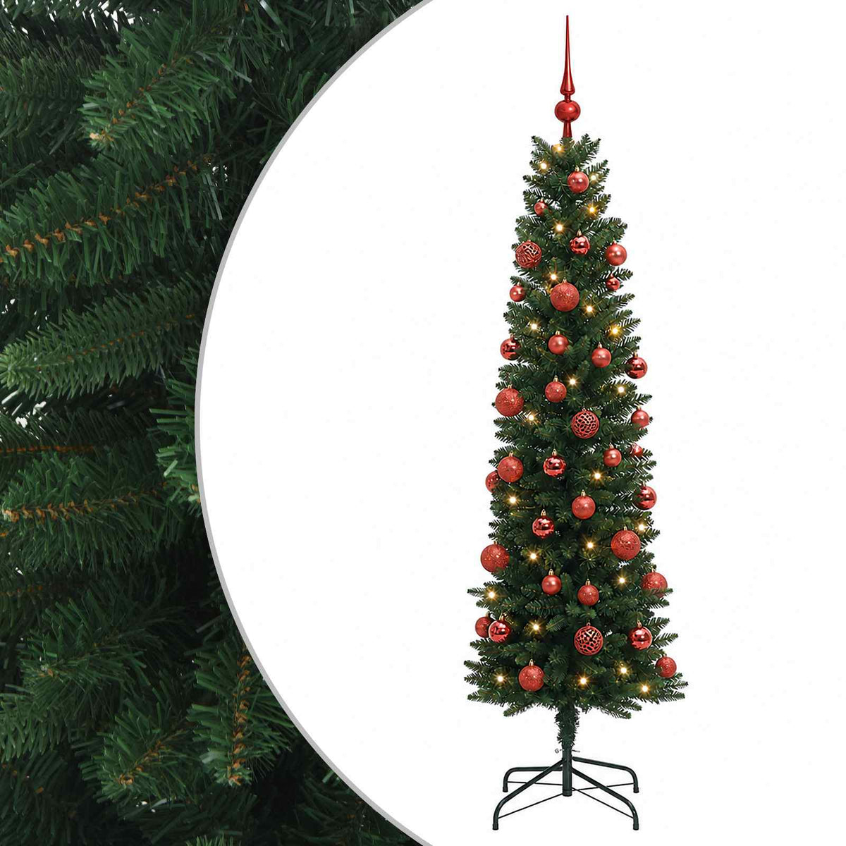 vidaXL Sztuczna wąska choinka z bombkami 150 cm 150 LED Ciepła biel